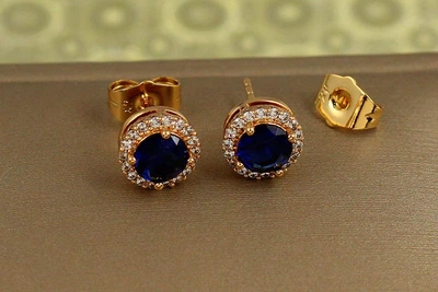 Сережки гвоздики Xuping Jewelry амінь окантовка сині фіаніти 9 мм золотисті