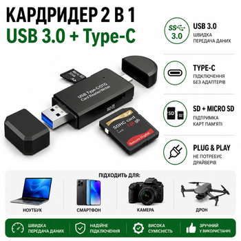 Кардридер Type-C USB 3.0 для microSD и SD карт памяти OTG U&P U12 Black
