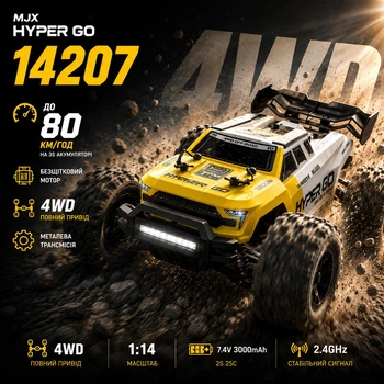 Радиоуправляемая машинка MJX Hyper Go 14207 1:14 4WD бесколлекторный внедорожник до 80 км/ч с металлической трансмиссией, масляными амортизаторами и аккумулятором Li-Po 3000 mAh