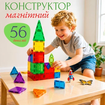 Детский магнитный 3D конструктор (56 деталей, контейнер для хранения)