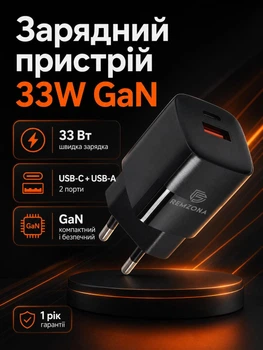 Швидкий мереживий зарядний пристрій Remzona Giwell Acey GaN 33W PPS PD+QC3.0 Швидка зарядка 33W для Apple iPhone 8/X/11/12/13/14/15/16 Pro Max Plus iPad Samsung Xiaomi Power Adapter Блок Type-C (USB-C)+USB-A, для планшета, смартфона