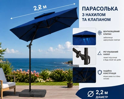 Парасолька садова та пляжна 2.2M Парасолька з нахилом для риболовлі та пляжу / Парасолька рибальська 2 м з клапаном, чохлом та гачками Синій