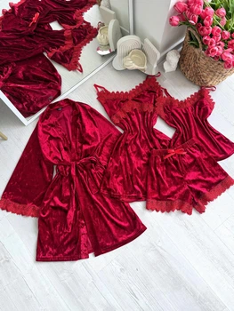 Піжама жіноча четвірка: халат, нічна сорочка, майка, шорти Bettina Collection XL червоний