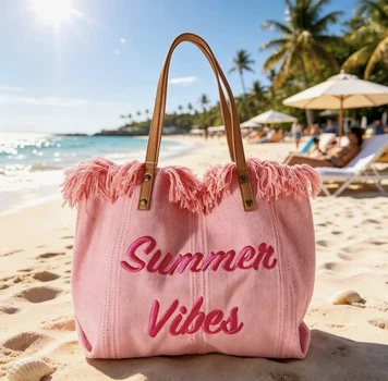 Пляжна сумка Summer Vibes з бахромою та вишивкою Текстильна 50х34х13см Рожевий