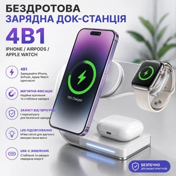 Бездротова зарядна док-станція 4в1 зарядний пристрій IРhone / Airpods / Apple Watch, срібляста (93978378)