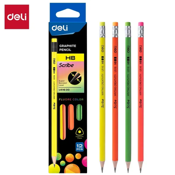 Олівець графітовий DELI U51600 HB Neon з гумкою, трикутний (12) /U51600 HB/