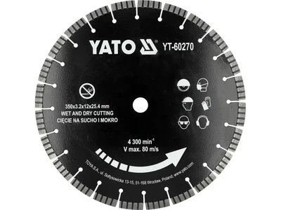 Диск отрезной алмазный сегментный YATO по бетону 350/25.4 x 3.2 мм для мокрой и сухой резки YT-60270