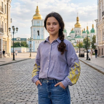 Подростковая вышиванка "Ева" для девочки, сераяя льняная блуза с вышивкой на пуговицах 164