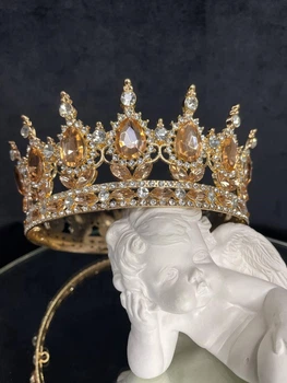 Корона з бурштиновим камінням Золото 12.5х5.5 см Яскрава металева корона на торт Тіара для випускниць