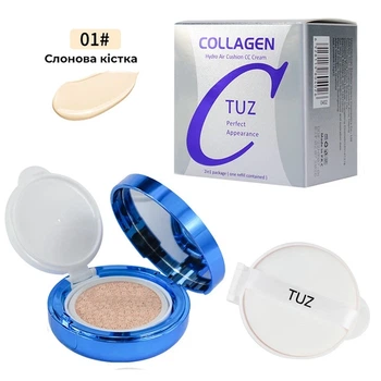 Кушон TUZ Collagen Hydro Air Cushion CC Cream 2в1 тонн 01 Ivory (Слоновая кость), 12 мл + дополнительный контейнер 12 мл (6928119804026)