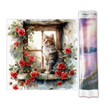 Алмазная мозайка без подрамника 30*30 "Котёнок у окна" №000015, набор для творчества, рукоделия, полотно со стразами, алмазная вышивка
