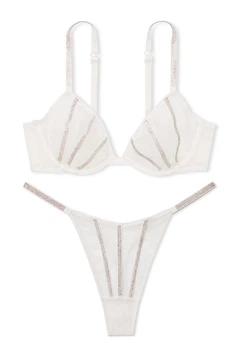 Комплект Білизни 3 set Victoria's Secret Very Sexy Sheer Shine Low-Cut Demi Bra & Very Sexy Sheer Shine Thong Panty+пояс Білий 34D-M