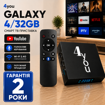 Смарт ТВ приставка 4you GALAXY 4/32Gb с голосовым управлением Android 12 Allwinner WiFi IPTV 6K Smart TV Box для телевизора