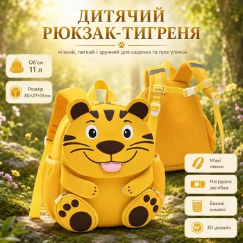 Дитячий рюкзак-тигреня 11 л, м’який дошкільний рюкзак з 3D-дизайном, висувним язичком, нагрудною застібкою та боковими кишенями 30×27×13 см (жовтий)