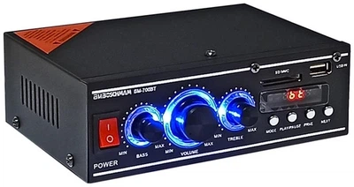 Підсилювач звуку для колонок Bluetooth USB SD FM стереопідсилювач 2 канали 2x15W аудіопідсилювач з пультом ДК MP3 плеєр AUX RCA LED дисплей регулювання басів високих частот живлення 220V 12V для дому автомобіля акустичної системи