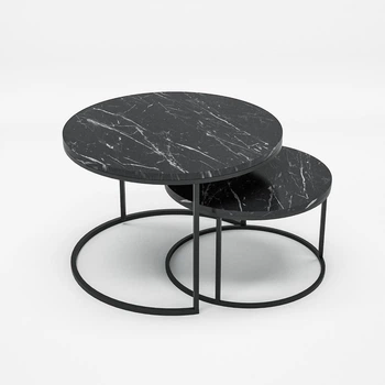 Набір журнальних столиків Solme Homepaketo 2 в 1 Marble Black, круглі кавові столики 75 см та 60 см з мармуровою стільницею