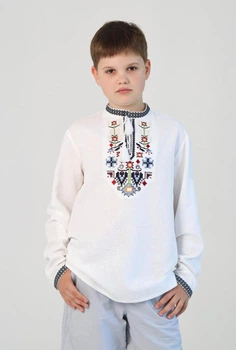 Дитяча вишита сорочка Piccolo «Дерево роду» (біла тканина, комбінована вишивка гладдю)| Розмір 122
