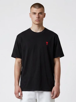 Футболка хлопковая длинная мужская Ami Paris Ami De Coeur Classic Fit T-Shirt AP12001.1M M Черная с вышивкой (396556914829)