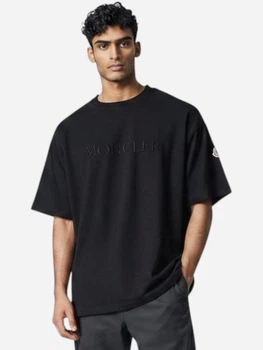 Футболка хлопковая длинная мужская Moncler Embroidered Tonal Logo Cotton T-Shirt MC12001.1M M Черная с вышивкой (121282792890)