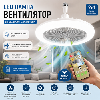 Лампа LED вентилятор у патрон E27, Світлодіодна люстра з вентилятором і пультом дистанційного керування 30 Вт