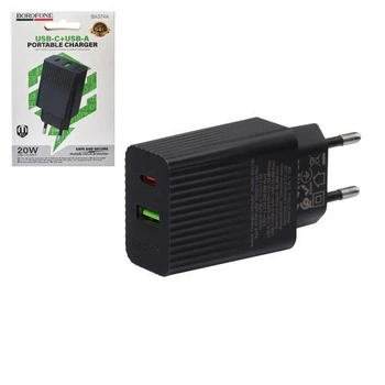 Сетевое зарядное устройство Borofone BAS74A USB-C 20W + USB-A 18W Black