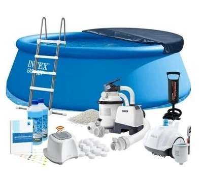 Надувной бассейн MaxPro Intex 26168-12в1 синий из ПВХ круглый на 14141 л с подстилкой насосом лестницей песочным фильтром 5700 л/ч песком хлоргенератором 7г/ч солью тентом альгениксом скиммером и пылесосом 457 х 122 см (9-163-26168-12 MaxPro)