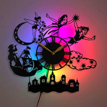 Настенные часы Peter Pan Питер Пэн с LED-подсветкой Динь-Динь Капитан Крюк Неверленд сказочные персонажи фэнтези декор
