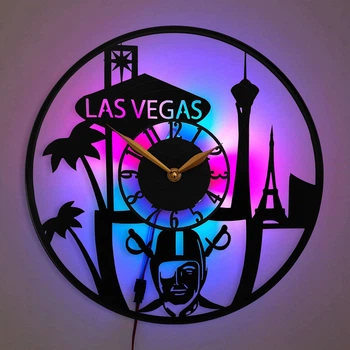 Настенные часы Las Vegas Raiders Лас-Вегас Рейдерс с LED-подсветкой NFL американский футбол Лас-Вегас силуэт города спортивный декор