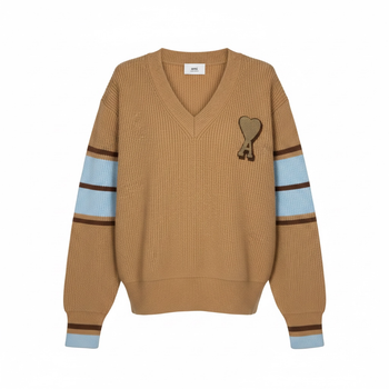 Мужской пуловер AMI Paris V-Neck Heart Logo Striped Knit Sweater Beige Camel размер M (AP07001.4M)
