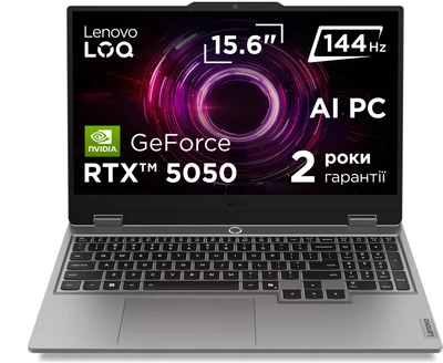 Ноутбук Lenovo LOQ 15AHP10 (83JG00FARA) Luna Grey / 15.6" IPS 144 Гц / AMD Ryzen 5 220 / RAM 32 ГБ / SSD 512 ГБ / RTX 5050, 8 ГБ (TDP 100 Вт) / LAN
