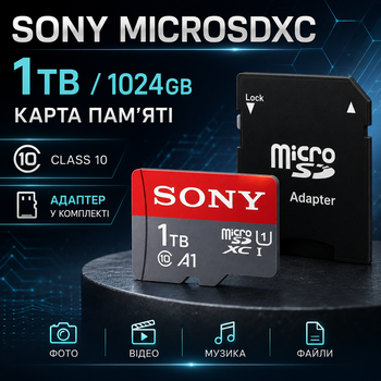 Карта памяти Sony microSDXC 1TB 1024 ГБ Class 10 (C10 U1) с адаптером, флеш карта для фото, видео и файлов