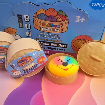 Трендовий сквіш антистрес Хінкалі у пароварці, Squishy Dumpling Stress Ball, пельмень, райдужний з милою мордочкою,1 шт