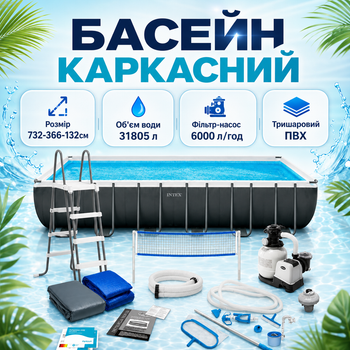 Прямоугольный семейный каркасный бассейн для всей семьи Intex с лестницей, фильтром, тентом и подстилкой 31805 л
