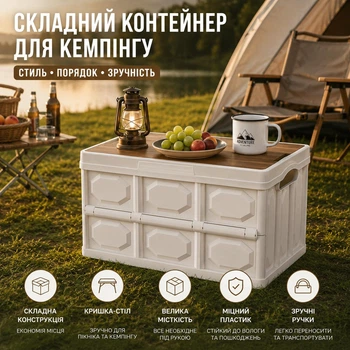 Складной туристический контейнер для кемпинга и авто, бокс для хранения с крышкой-столиком, белый, 51*34*29 см