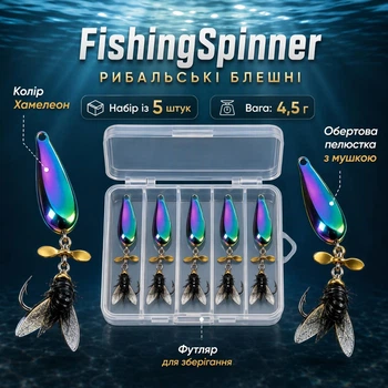 Рибальські блешні з вертушкою та мушкою FishingSpinner, 4,5 г, 5 штук, кейс для зберігання