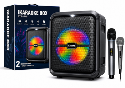 Колонка Bluetooth BTS-1740 з 1 провідним та 1 бездротовим мікрофоном, портативна караоке система RGB LED FM/USB/TF