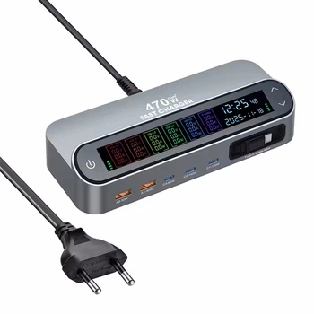 Зарядное устройство Folem YMX LCD 470W c экраном, выдвижным кабелем, GaN, PD3.1, QC3.0 для телефонов, ноутбуков, 6 портов USB+Type-C, настольное