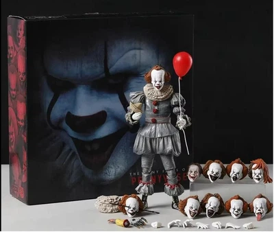 Коллекционная фигурка Пеннивайз / Pennywise IT (It Movie, Stephen King) Horror Action Figure 18 см с аксессуарами и сменными головами