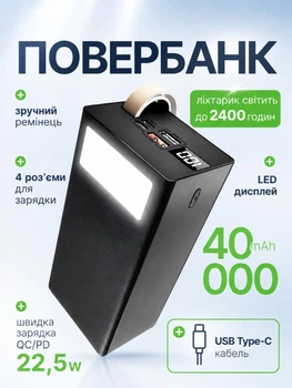 Повербанк 40000 mah 22.5W Qinetiq Phoenix RQ-40 с LED дисплеем и быстрой зарядкой PD/QC 3 порта кабель Type-C в комплекте powerbank павербанк для телефона apple айфона iphone самсунг samsung роутера планшета универсальный павер банк с фонариком + кабель