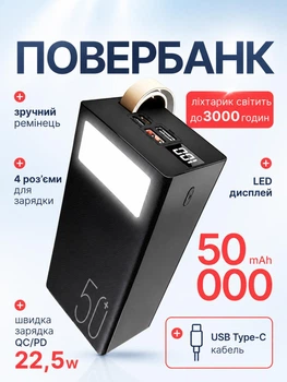 Повербанк 50000 mah 22.5W Qinetiq RQ-50 с LED дисплеем и быстрой зарядкой PD/QC 3 порта кабель Type-C в комплекте powerbank 50 000 павербанк для телефона apple айфона iphone самсунг samsung роутера планшета универсальный павер банк с фонариком + кабель