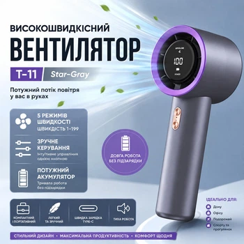 Портативный ручной мини вентилятор T-11 аккумуляторный с дисплеем, 199 скоростей, USB Type-C, мощный воздушный поток, цвет Star Gray