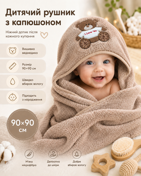 Рушник куточок для новонароджених дитячий банний з капюшоном для купання немовлят малюків мікрофібра 90х90 см після купання малюка хлопчика дівчинки м'який гіпоалергенний водопоглинаючий швидковисихаючий теплий у пологовий будинок для ванної коричневий