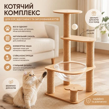 Кошачий комплекс с когтеточкой (царапка) и прозрачной акриловой чашей 79 см | Игровой домик для кошек из сизаля