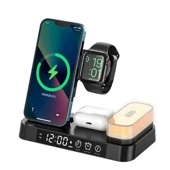 Бездротова зарядка Magsafe - стенд + годинник та нічник - A37 4 in 1 Fast 30W для iPhone Apple Watch AirPods для айфона часів - Чорна