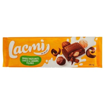 Шоколад Lacmi молочный с целым лесным орехом и шоколадно-карамельной начинкой 295г