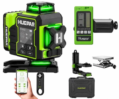 Лазерний рівень Huepar W04CG 4D 16 ліній 360° з електроповоротом, приймачем LR5RG, Bluetooth, пультом ДК та кейсом