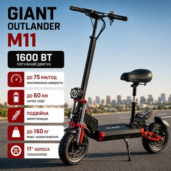 Электросамокат Giant Outlander M11 1600Вт 52V 26Ah с сиденьем скорость до 75 км в час двойная амортизация с большими колёсами 11 дюймов запас хода до 60 км электрические самокаты электро быстрые с седлом выдерживает большую нагрузку до 160 кг