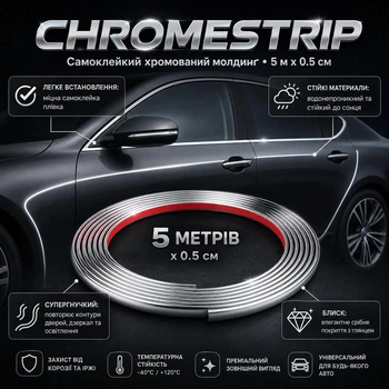 Самоклеящаяся хромированная молдинг для кузова автомобиля ChromeStrip, 5 м