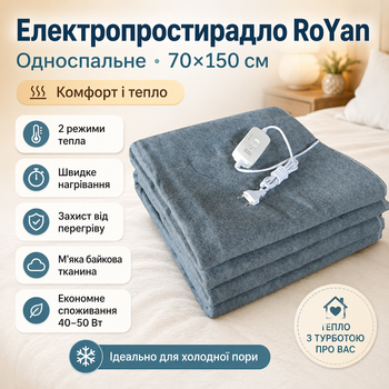 Електропростирадло 70×150 см з терморегулятором та 2 температурними режимами RoYan
