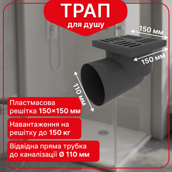 Трап нерегулируемый Kronoplast с пластиковой решёткой 150×150 мм и горизонтальным выпуском Ø110 мм TS11500404